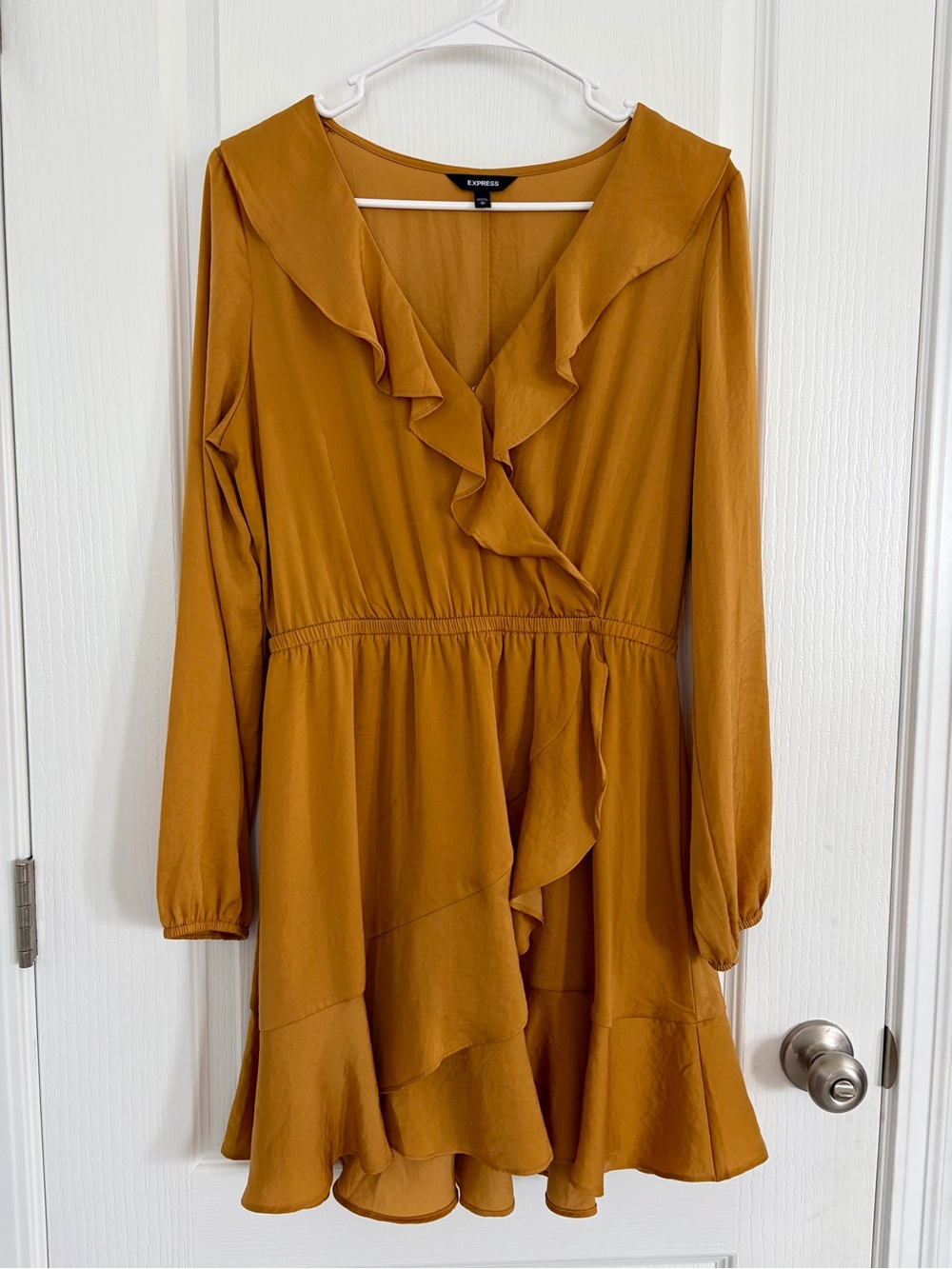 Express Mustard Ruffle Wrap Long Sleeve Dress